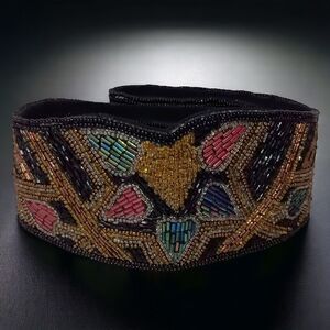 Beaded Silk Cummerbund Cinch Belt Handmade L 36" Waist Vtg 80s Witchy Goth Fairy